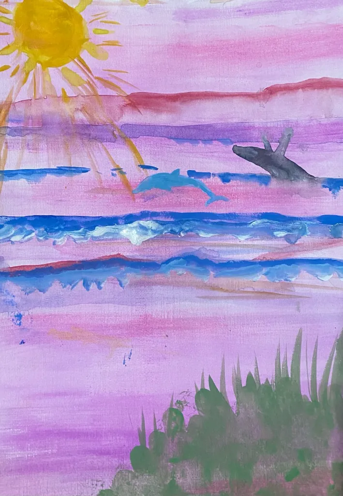 Ocean sunset painting with a dolphin and whale tail