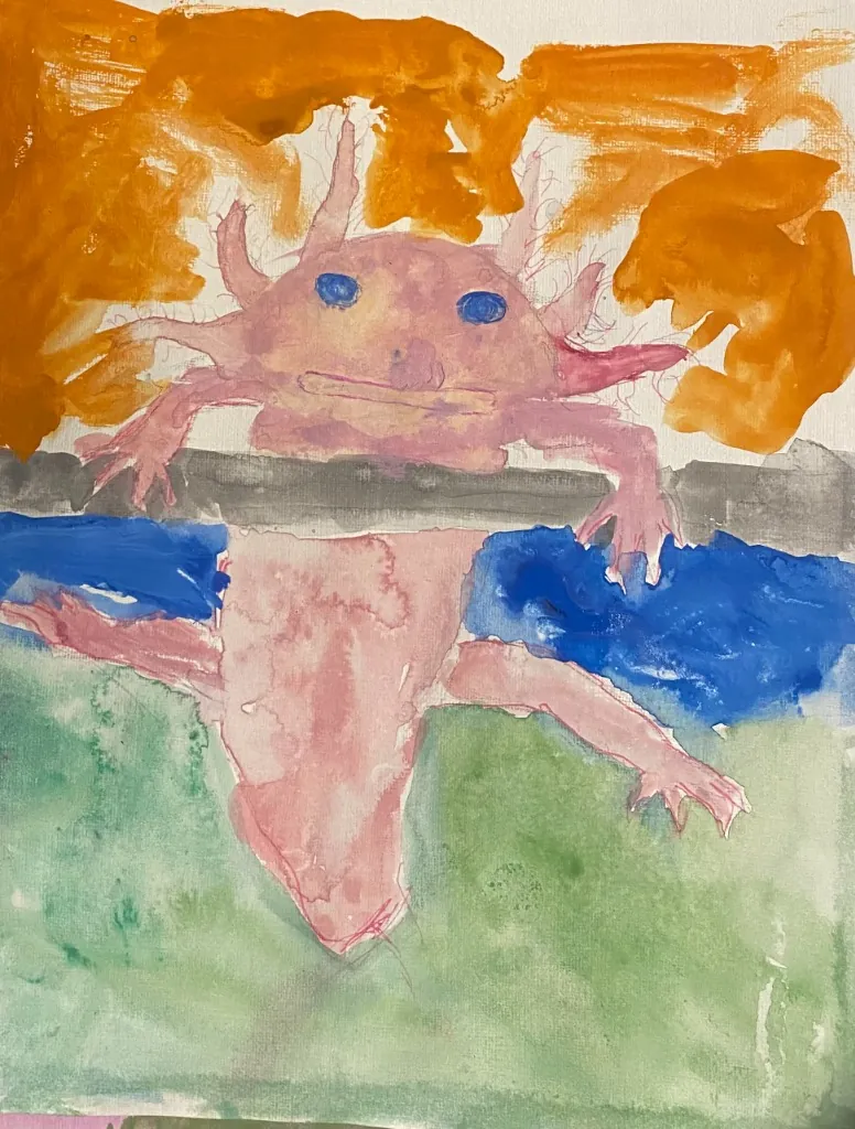 A pink creature painting in a green and blue pond