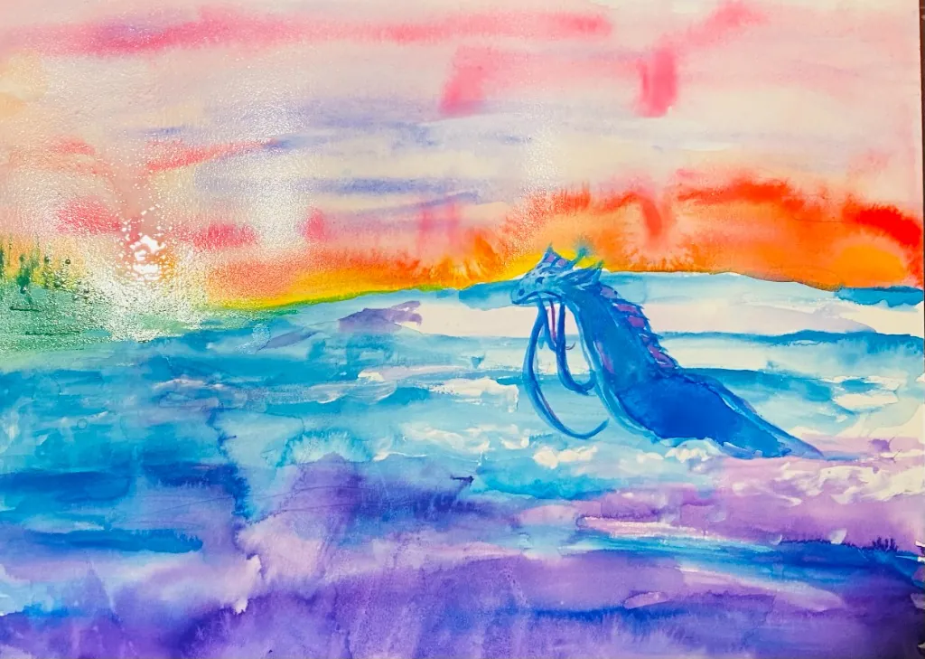 A watercolor painting of a blue sea dragon