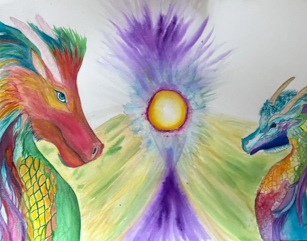 Two colorful dragons glowing with an orb