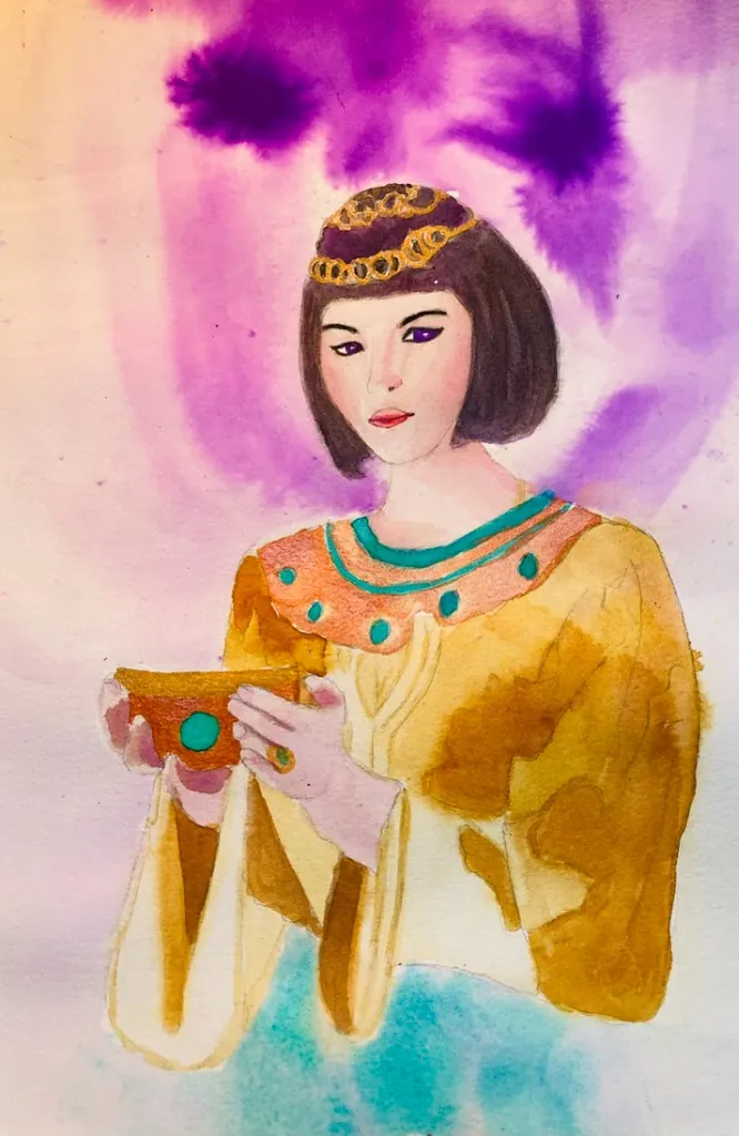 Egyptian styled woman serving from a golden bowl