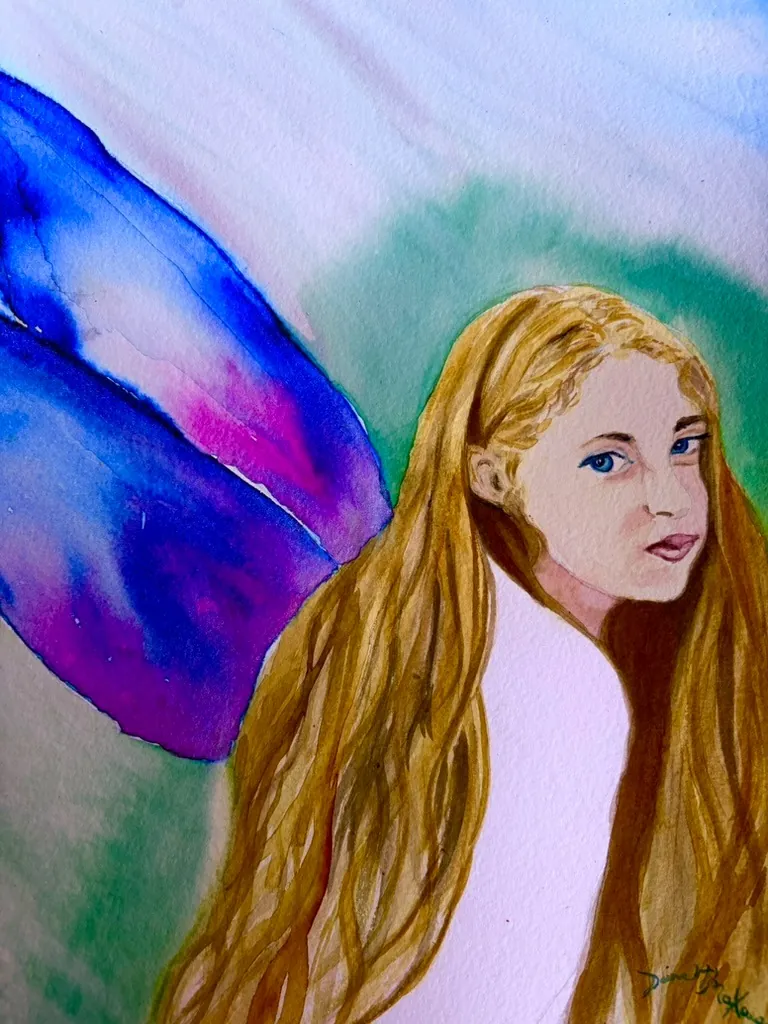 Beautiful fairy like girl with glowing violet and blue wings