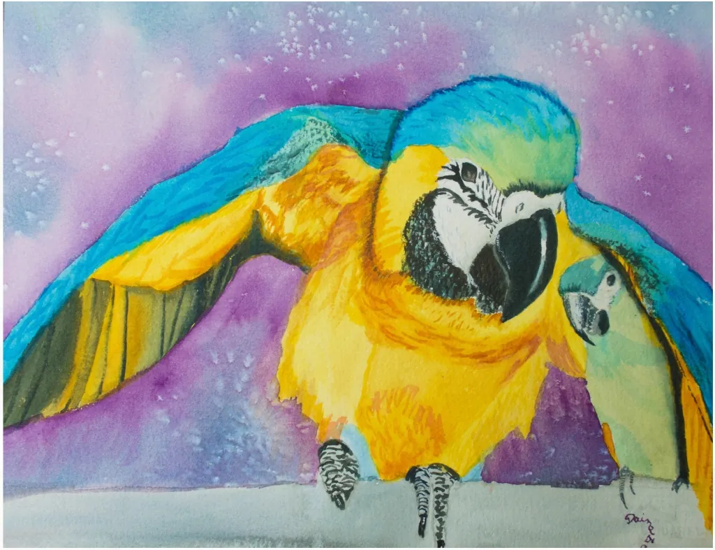 Two colorful macaws under starry sky