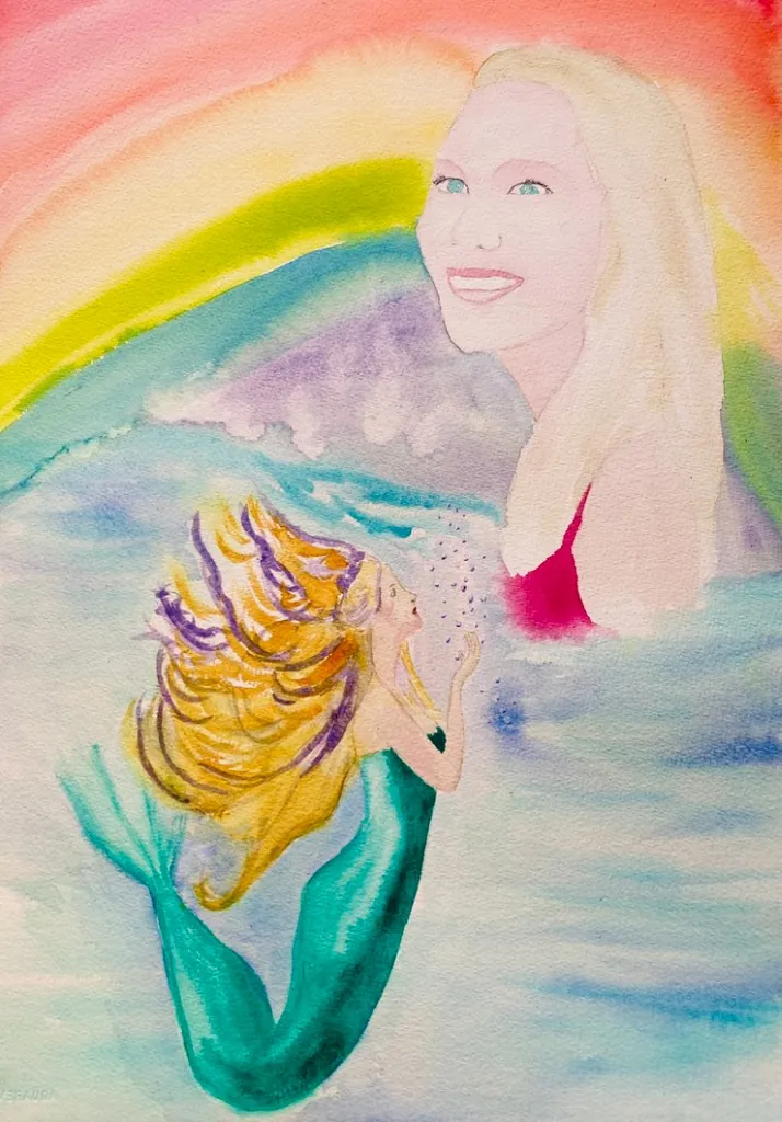 Mermaid blowing bubbles next to smiling woman in sky