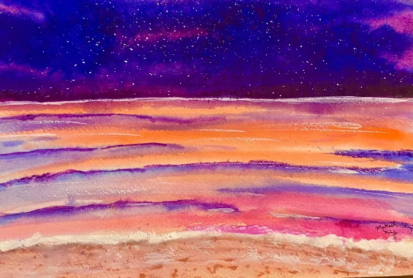 Beautiful pink and purple starry night over ocean beach