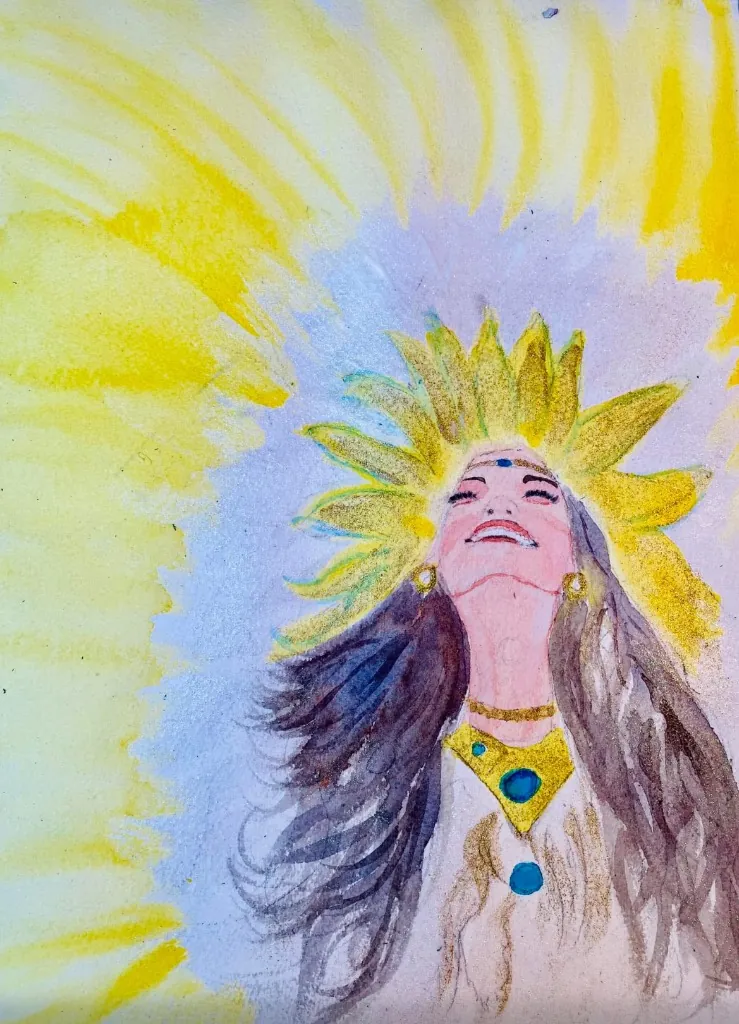 Woman adorned with bright sunny halo
