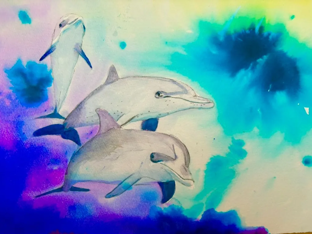 Three dolphins diving through colorful waters