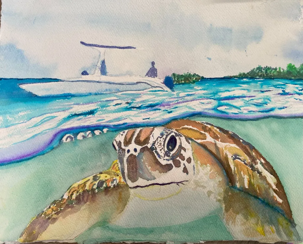 Sea turtle near surface with boat in background