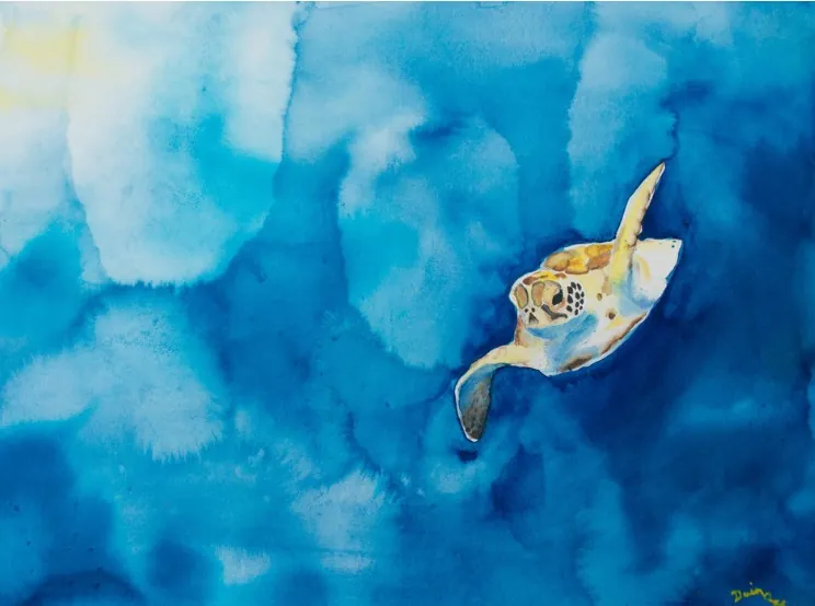 Sea turtle swimming in deep blue water