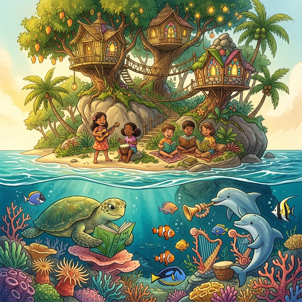 Storybook mirror tropical island and ocean